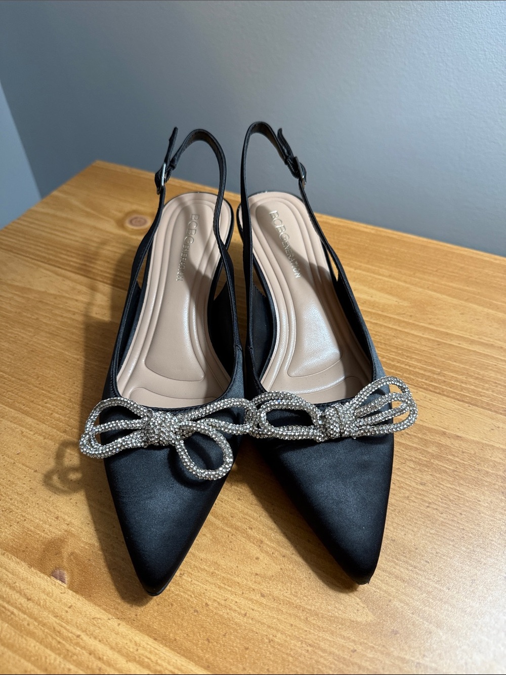 BCBGeneration Black Satin Pointed Slingback Kitten Heels with Crystal Bow